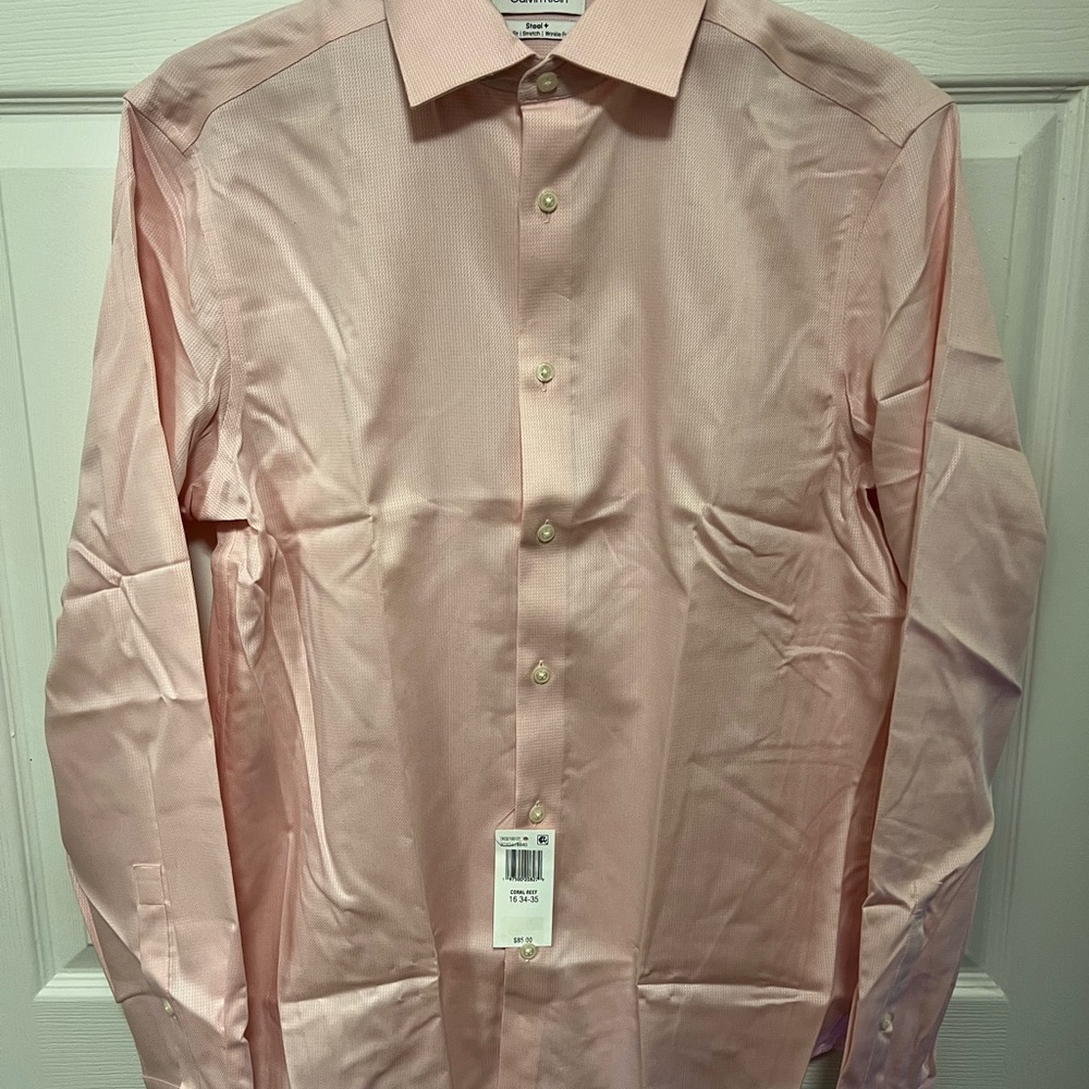 Calvin Klein Steel+ Pink (Coral) Regular Fit Dress Shirt | Size L: 16/34-35